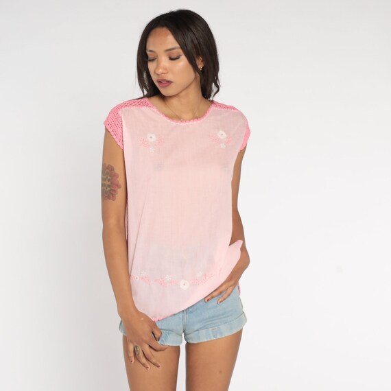 Baby Pink Floral Top 70s 80s Embroidered Shirt Crochet Cap Sleeve Blouse Flower Embroidery Semi-Sheer Summer Girly Vintage 1980s Small S