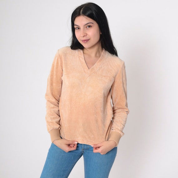 Tan Velour Shirt 80s Pullover Sweatshirt V Neck Soft Long Sleeve Shirt Retro Basic Plain Top Neutral Earth Tone Sporty Vintage 1980s Small