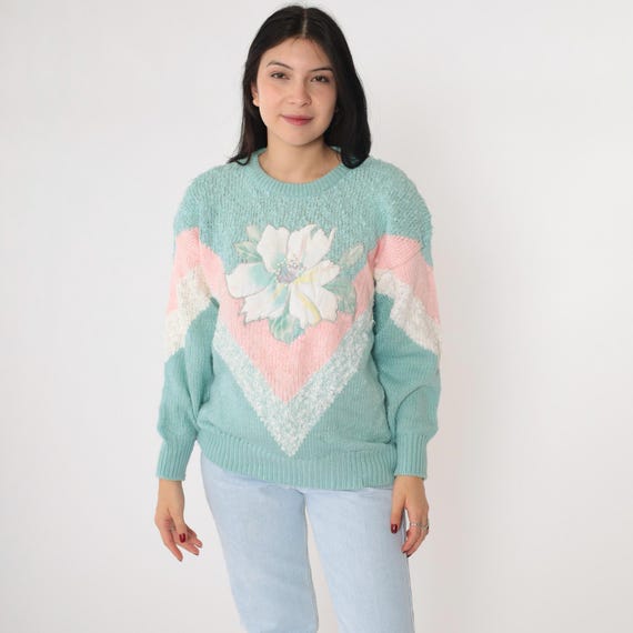 Vintage Pastel Floral Sweater 80s Beaded Chevron Striped Sparkly Nubby Knit Pullover Sweater Embroidered Pink Seafoam Blue 1980s Medium