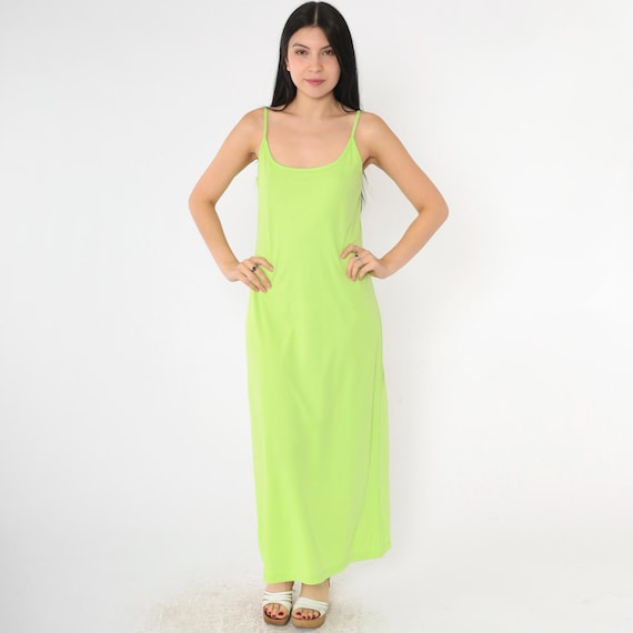 90s Bodycon Dress Lime Green Party Dress Stretchy Body Con Vintage Y2K Tank Dress Maxi 1990s Club Plain Sleeveless Spaghetti Strap Small S