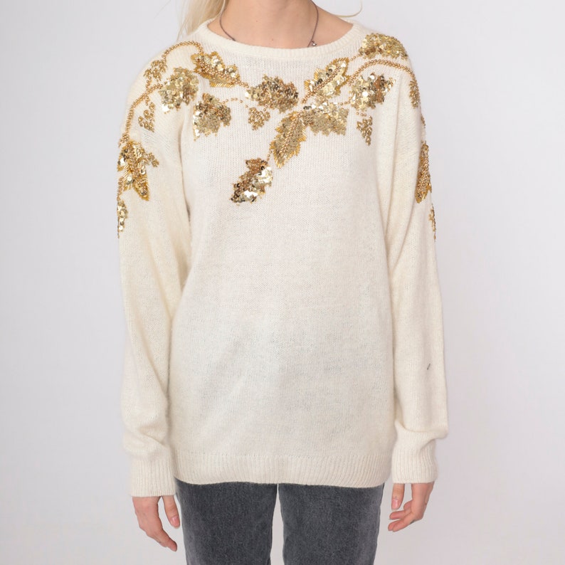 Cream Sequin Sweater 80s Beaded Silk Angora Wool Sweater Gold Leaf Slouchy Pullover Jumper Sweater 90s Vintage Party Holiday Sweater Medium image 6