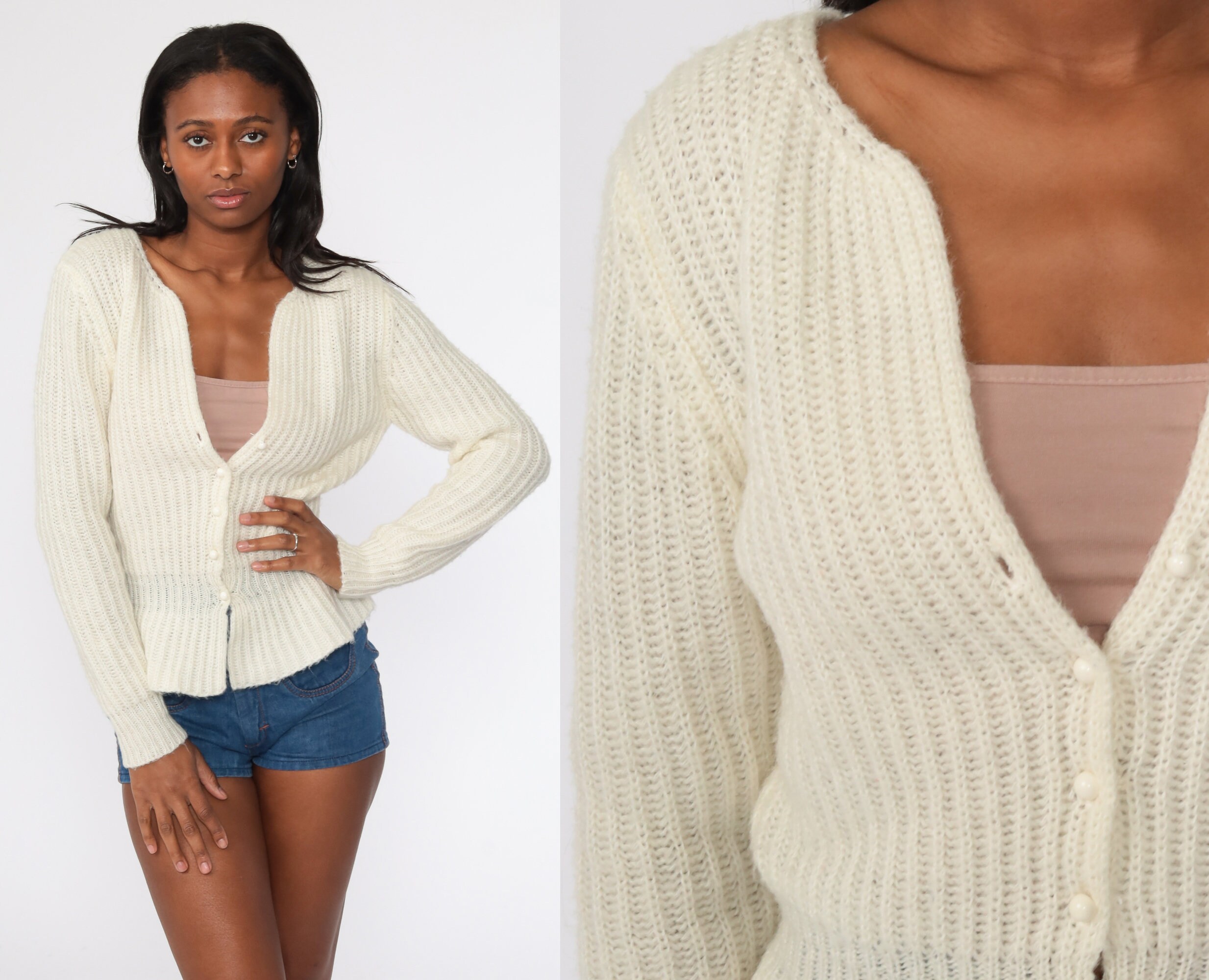 80s Cardigan Sweater Cream Button Up 