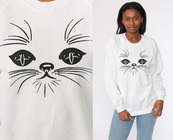 Cat Sweatshirt Jerzees Crewneck 80s Animal Raglan