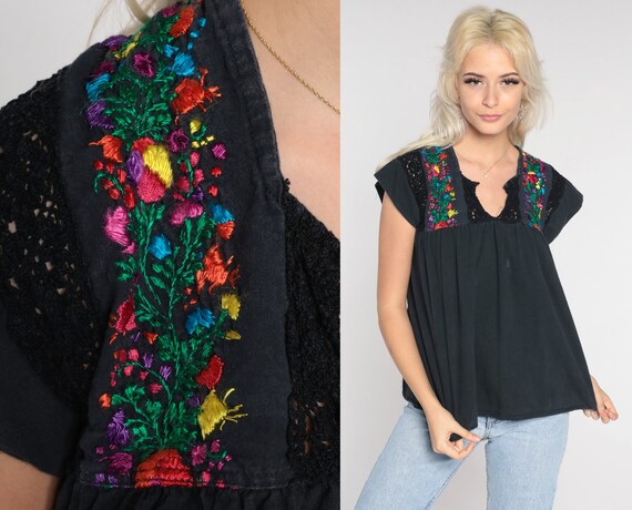 Mexican Peasant Top Black Floral EMBROIDERED Blouse Hippie Boho Shirt FESTIVAL Cotton Tunic Bohemian Vintage Retro Small S