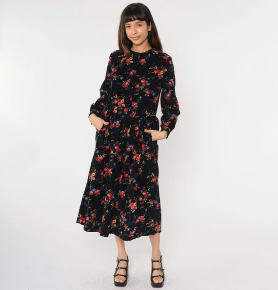 90s Floral Corduroy Dress Black Button Up Boho Midi 1990s High Waist Shirtdress Bohemian Long Sleeve Pockets Cotton Medium 8