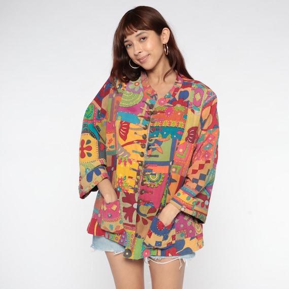 Rainbow Patchwork Jacket Y2K Colorful Hippie Psychedelic Button Front Geometric Floral Embroidered Blazer Vintage Extra Large XL
