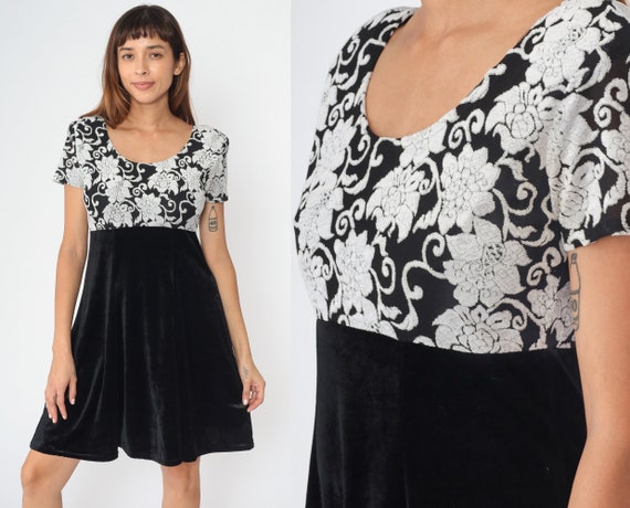 Floral Velvet Dress 90s Black White Mini Grunge D… - image 1
