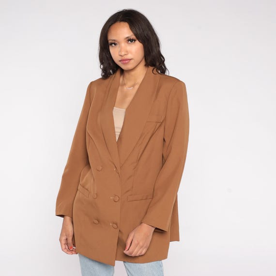 Camel Blazer 90s Double Breasted Business Casual Streetwear Corporate Y2K Vintage Office Professional Work Suit Jacket Plus Size 16W XL