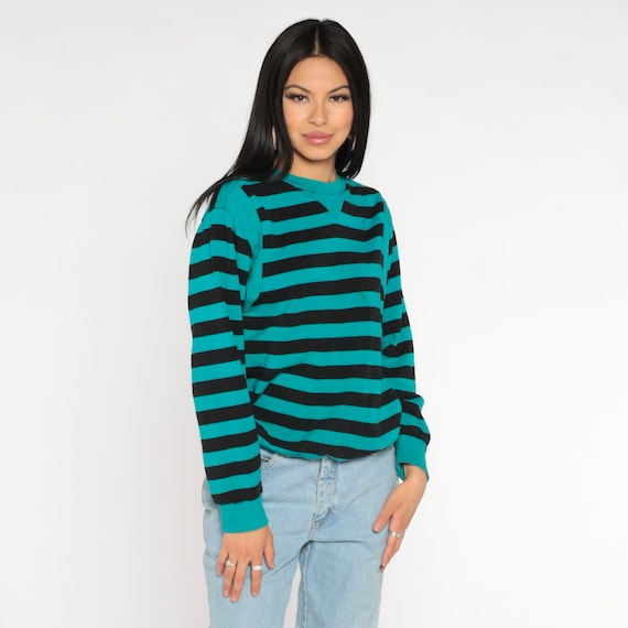Teal Striped Sweatshirt -- 80s Sweater Black Green Stripe Print Slouch Pullover Jumper Crewneck Shirt Vintage Medium