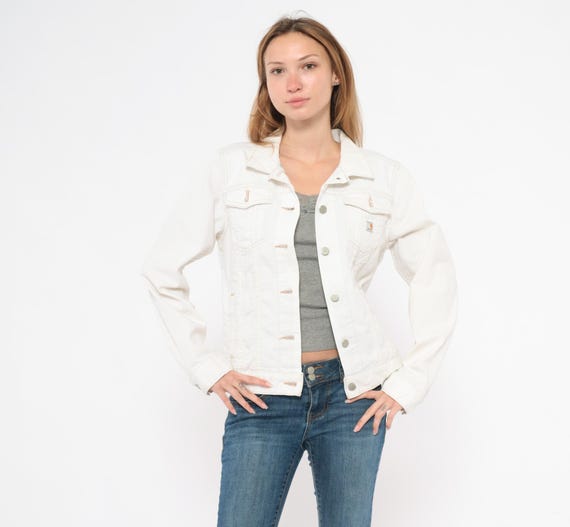 White Carhartt Denim Jacket 2000s Trucker Coat Cotton Jean Workwear Cream Off Contrast Stitch Gorpcore Utility Streetwear Chore Medium M