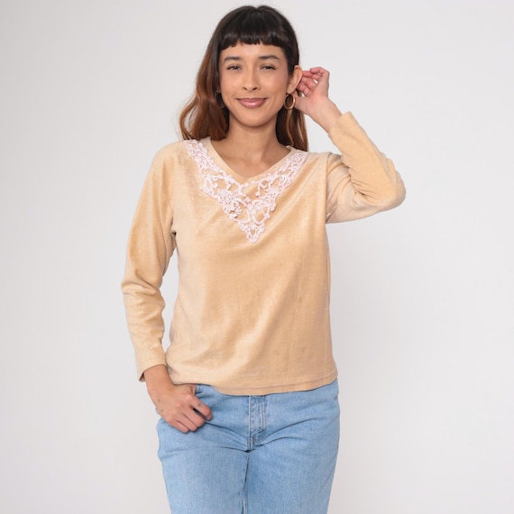 Cream Lace Top 80s Beige Sweater Haw Bang Pink Appliqué Detail Long Sleeve Pullover Acrylic Knit Round Neck Romantic Feminine Medium M