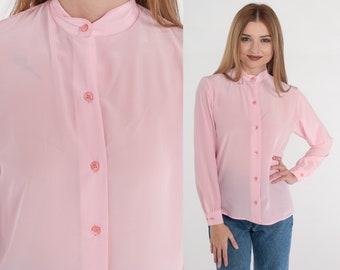 Pink Blouse 80s Semi-Sheer Button Up Top High Neck Formal Preppy Mandarin Collar Shirt Plain Long Sleeve Simple Basic Vintage 1980s Small S