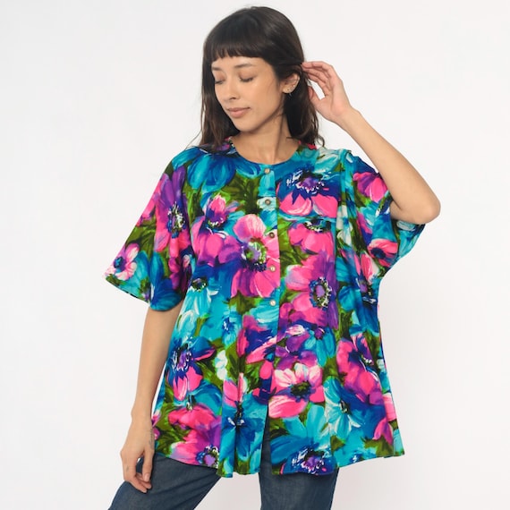 70s Floral Tunic Pink Blue Purple Green Short Sleeve Cotton Bright Flowers Vintage Cottagecore Fairycore Shirt Blouse Summer One Size OS