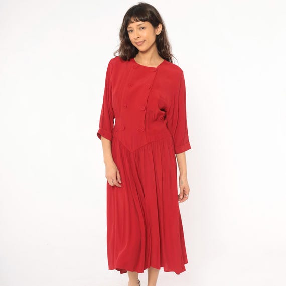 80s Red Day Dress Double Breasted Crimson Drop Waist Three Quarter Sleeve Gathered Skirt Collarless Round Neck Vintage Small To Medium S M