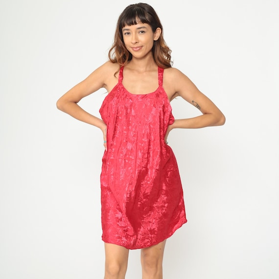 90s Red Slip Dress Embossed Textured Floral Racerback Mini Party Vintage Plus Size Evening Coquette Barbiecore Extra Large XL