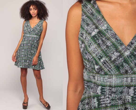90s Babydoll Dress Grunge Mini TRIBAL Print Bohemian 1990s Vintage Boho Empire Waist Sleeveless Green Wrap V Neck Medium Large