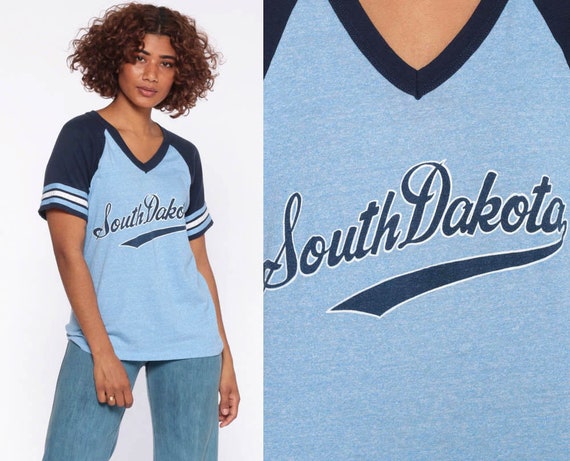 South Dakota Shirt Baseball Tee Ringer TShirt 80s T Shirt Blue Raglan Sleeve 70s Graphic T Shirt Striped V Neck Retro Vintage Small