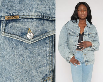 Acid Wash Jean Jacket 90s Denim Jacket Retro Boho Grunge Biker Button Up Coat Hipster Streetwear Bohemian Stone Wash Vintage 1990s Medium M