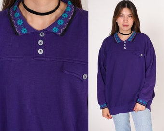 Purple Polo Sweatshirt 90s Southwestern Print Collared Sweatshirt Button up Pullover Sweater Geometric Trim Boho Shirt Vintage 1990s Large L