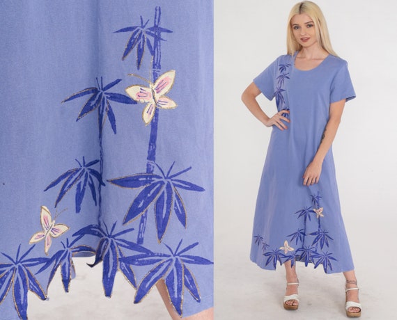 Tropical Dress 90s Purple Butterfly Print Midi Dress Bamboo Leaf Cutout Hem Loose Flowy Tent Dress Short Sleeve Beachy Vintage 1990s Large L