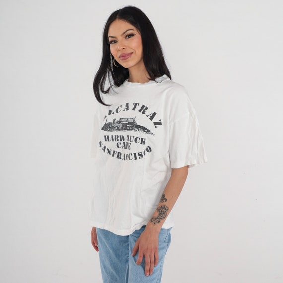 Alcatraz T-Shirt 90s San Francisco Shirt Hard Luck Cafe Graphic Tee SF California Tshirt San Fran Retro Tourist White Vintage 1990s Large L