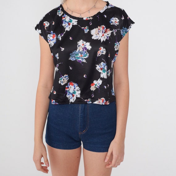 Black Floral Blouse 70s Top Cap Sleeve Shirt Retr… - image 6