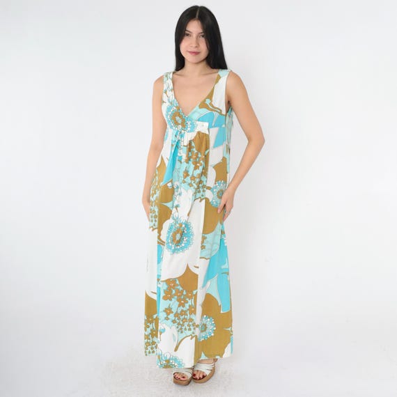 70s Hawaiian Maxi Dress Vintage Floral Faux Wrap Hippie Blue White Long Tropical Bohemian V Neck Empire Waist 1970s Sleeveless Small