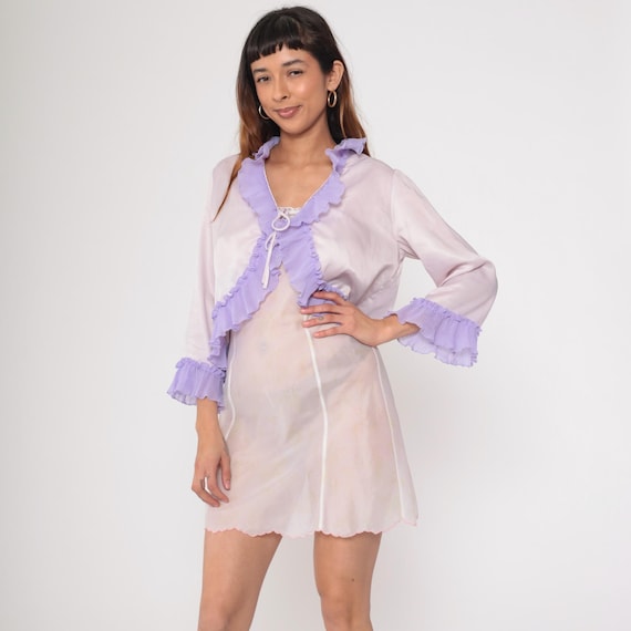 Ruffled Bed Jacket Pale Pink Lavender 90s Cropped Lingerie Top Tie Front Jacket Long Sleeve Romantic Boudoir Vintage 1990s Oversized Small