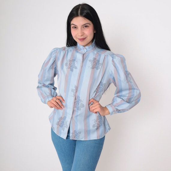Striped Floral Blouse 70s Blue Button Up Shirt High Ruffle Neck Pleated Top Flower Rose Print Boho Hippie Long Sleeve Vintage 1970s Medium M