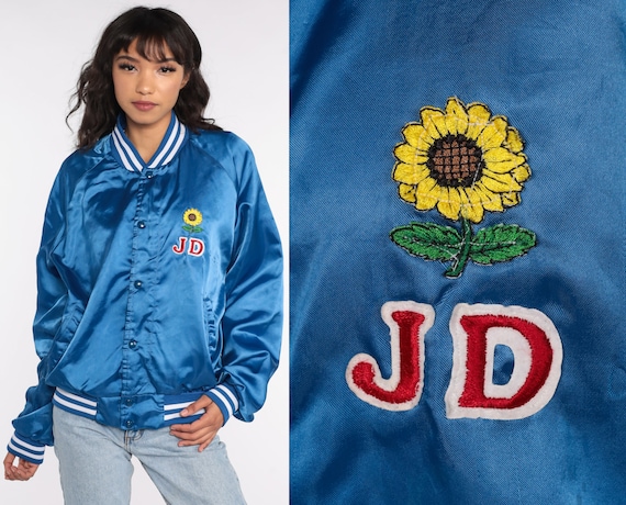 Satin Bomber Jacket Bird City Kansas 1985 Blue Baseball Jacket 80s Shiny Baseball Varsity Jacket 1980s Snap Up Graphic Extra Large xl xxl