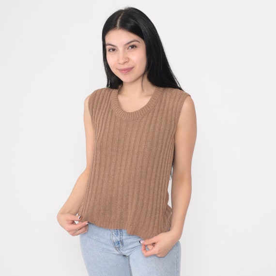 Cocoa Brown Sweater Vest 80s Ribbed Knit Tank Top Retro Sleeveless Scoop Neck Pullover Basic Plain Layering Acrylic Vintage 1980s Medium M