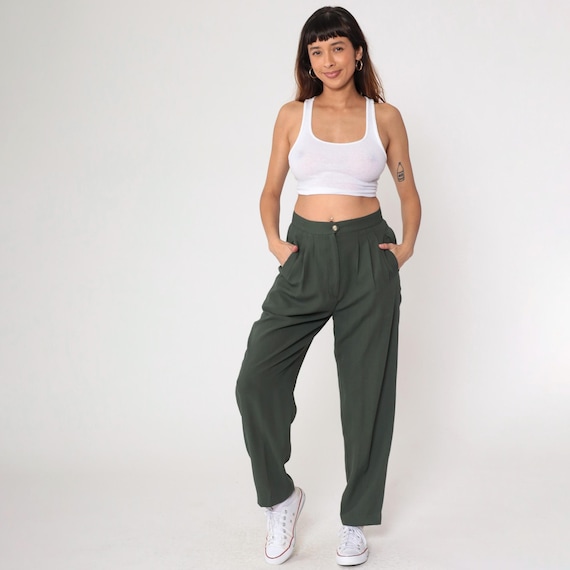 Vintage Green Pleated Trousers Y2K High Waisted Pants Retro Tapered Leg Slacks Office Preppy High Waisted Rise Basic 00s Chic Medium M