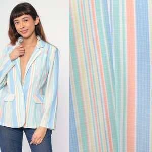 70s Pastel Striped Blazer Button up Jacket Blue Peach Green Yellow Retro Tailored Preppy Notched Collar Chic Vintage 1970s Medium