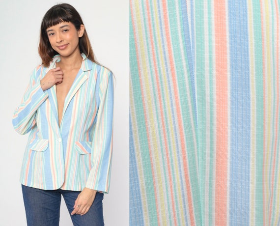 70s Pastel Striped Blazer Button up Jacket Blue Peach Green Yellow Retro Tailored Preppy Notched Collar Chic Vintage 1970s Medium