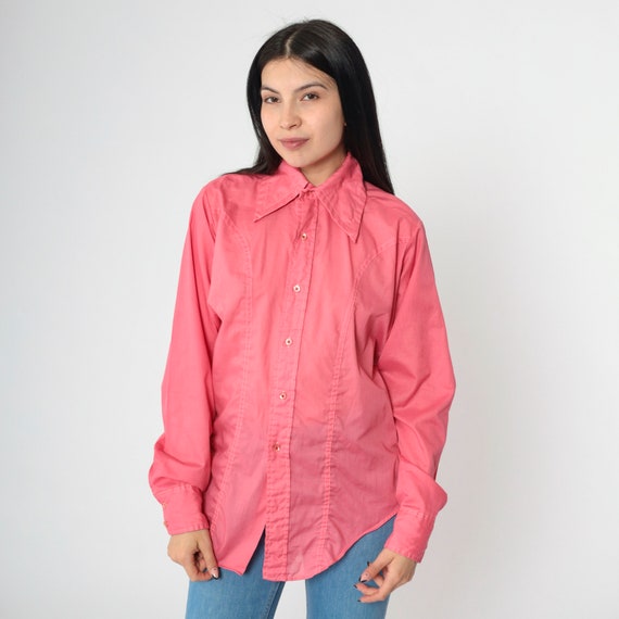 70s Shirt Pink Dagger Collar Shirt Button Up Shirt Princess Seam Long Sleeve Disco Shirt 1970s Collared Plain Oxford Men's Small 14 - 14 1/2