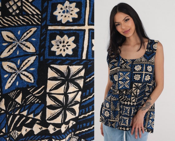 Tropical Tank Top 90s Blue Hawaiian Shirt Sleeveless Blouse Geometric Floral Tile Print Barkcloth Retro Bohemian Summer Vintage 1990s Large
