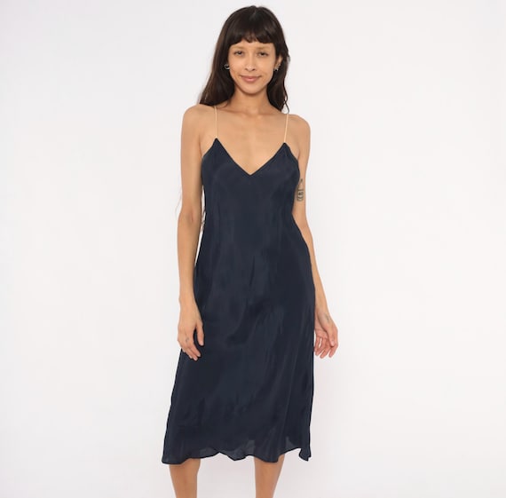 Navy Slip Dress 70s Midi V Neck Spaghetti Strap Cream Straps Bias Cut Dark Blue Camisole Lingerie Style Nightgown Sleeveless Vintage Small S