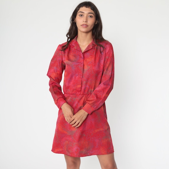 Red Swirl Dress 80s High Waisted Dress Mini Button Up Pink Purple 80s Secretary Brushstroke Long Sleeve Vintage Minidress Medium