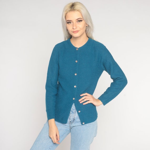Blue Cardigan 70s Button Up Knit Sweater Plain Boho Retro Knitwear Basic Simple Preppy Minimalist Seventies Vintage 1970s Acrylic Small S