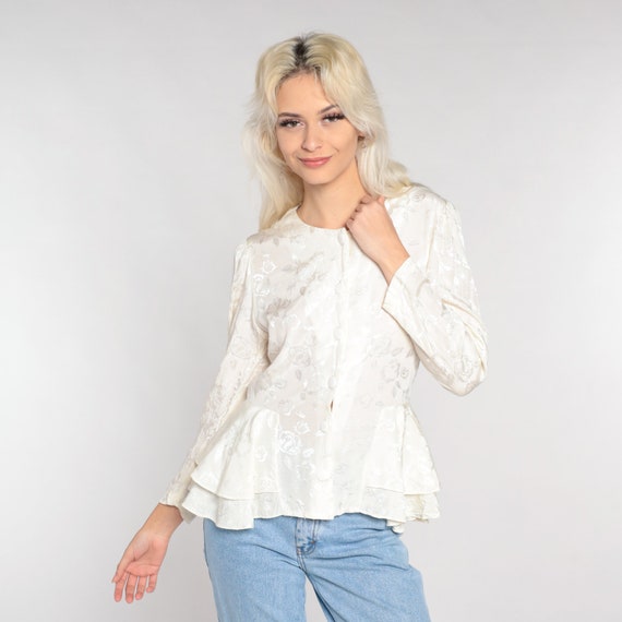 White Floral Blouse 80s Embossed Peplum Shirt Long Puff Sleeve Top Retro Romantic Feminine Secretary Bohemian Vintage 1980s Extra Small xs