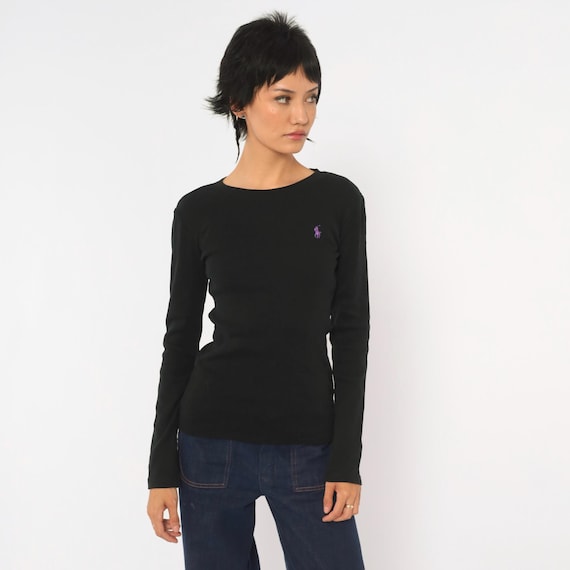 Y2K Ralph Lauren Black Cotton Long Sleeve Top Purple Embroidered Logo Shirt Preppy Minimalist Plain Basic Blouse Extra Small XS