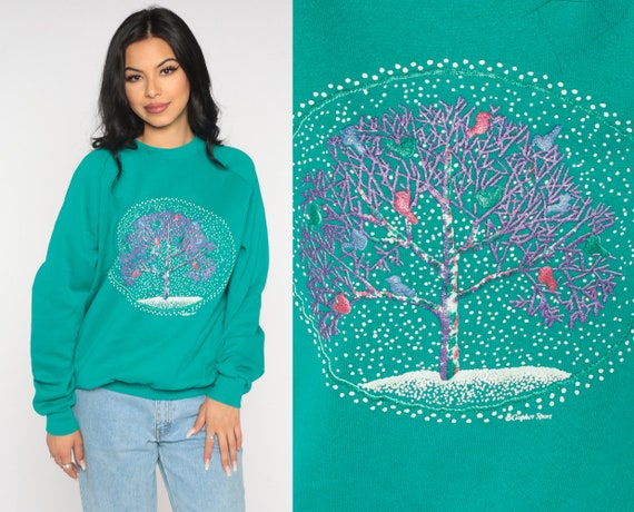 Bird Tree Sweatshirt Green Snow Shirt 80s Raglan Sleeve Jerzees Winter Nature Crewneck Graphic Retro Pullover 90s Sweater Extra Large xl