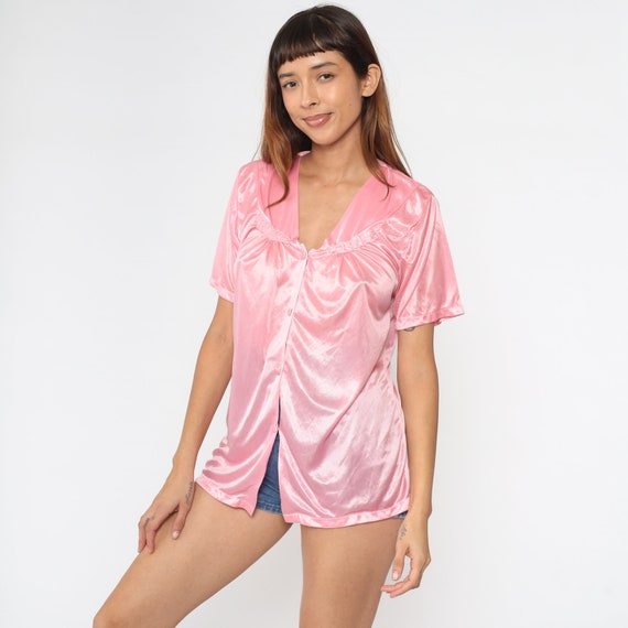 Shiny Pink Pajama Top Lingerie PJ Shirt 00s Floral Embroidered Button Up Sleep Shirt Short Sleeve Silky Polyester Vintage Y2K Medium