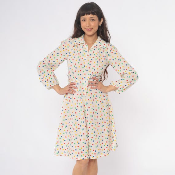 70s Polka Dot Shirt Dress White Primary Colors Rainbow Long Sleeve Knee Length Pointed Collar Fit Flare A Line Vintage Cottagecore Medium M