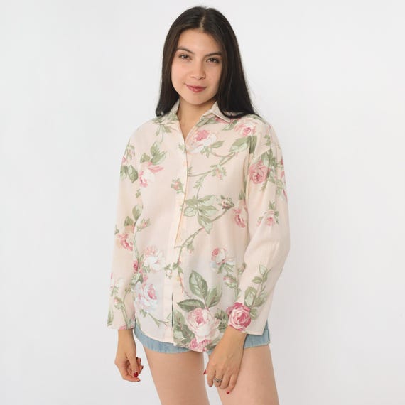 90s Rose Print Blouse Long Sleeve Button Front Vintage Oversized Floral Romantic Cottage Core Feminine Preppy Garden Retro Small S