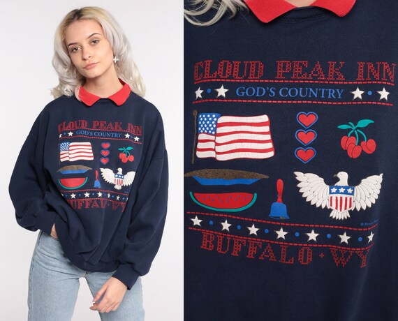 Wyoming Sweatshirt -- Cloud Peak Inn Buffalo WY Shirt 90s Sweatshirt Graphic American Flag Sweatshirt Vintage Tree 80s Extra Large xl