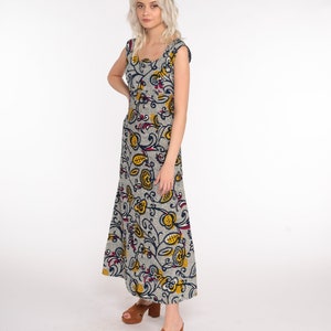 Batik Dress Floral Maxi 90s Sundress Empire Waist Boho Hippie Sun 1990s Bohemian Shift Vintage Sleeveless Blue Yellow Indonesian Small image 2