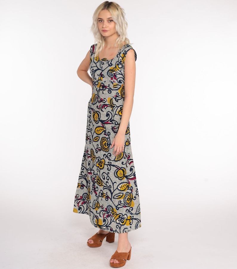 Batik Dress Floral Maxi 90s Sundress Empire Waist Boho Hippie Sun 1990s Bohemian Shift Vintage Sleeveless Blue Yellow Indonesian Small image 2