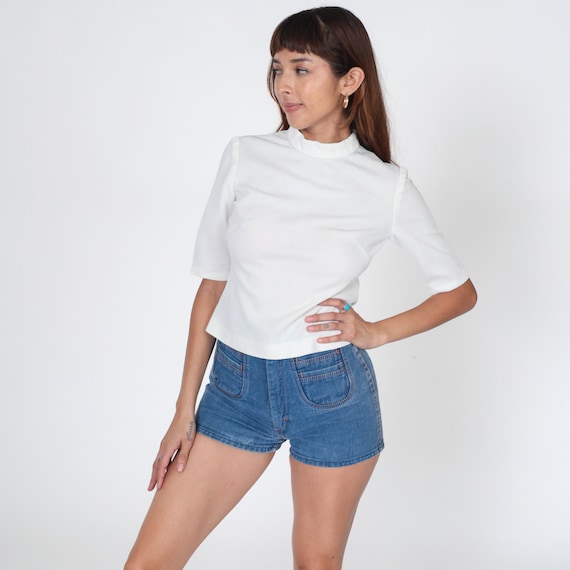 Vintage 70s Shirt White Top 60s Mod 1/2 Sleeve Mock Neck Blouse 1970s Retro Top Vintage Plain Blank Basic Top Small 4