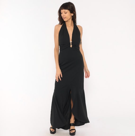 90s Black Halter Gown Deep Plunge Neckline Rhinestone Brooch Detail Mermaid Hem Evening Dress Backless Fishtail Front Slit Formal Medium M